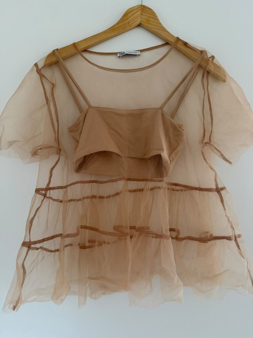 Zara Nude Tulle Tiered Top Size M